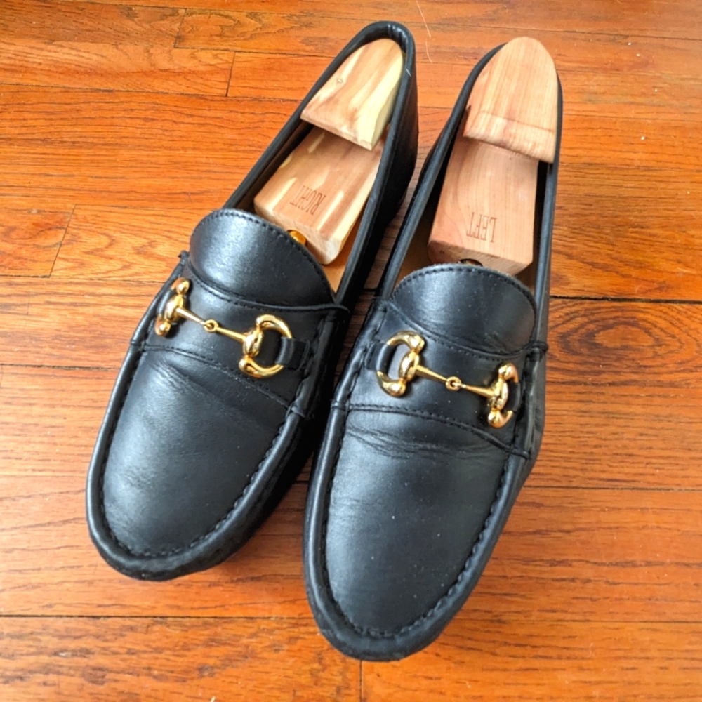 Jay Butler black leather men's gold horsebit loafers, size 10 (wide width)
